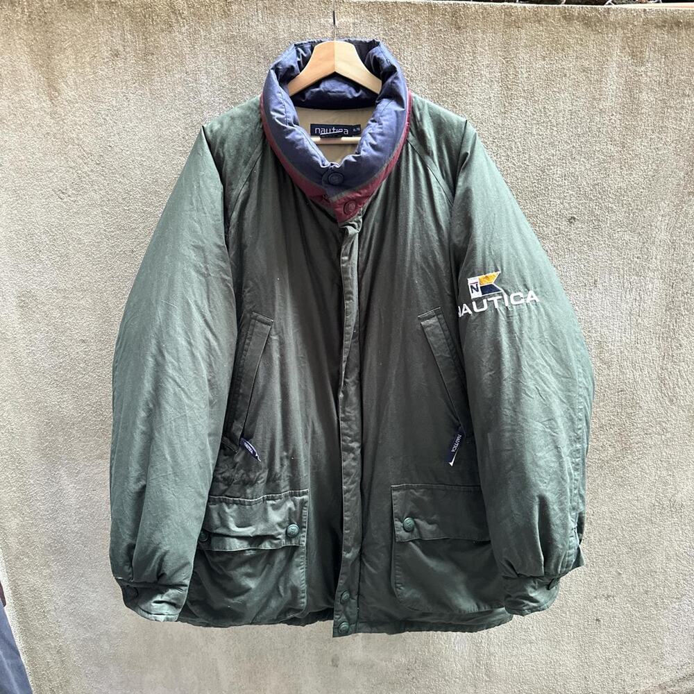 Nautica Jacket Vintage 90s Puffer Long Sleeve Green Navy Red Size XL